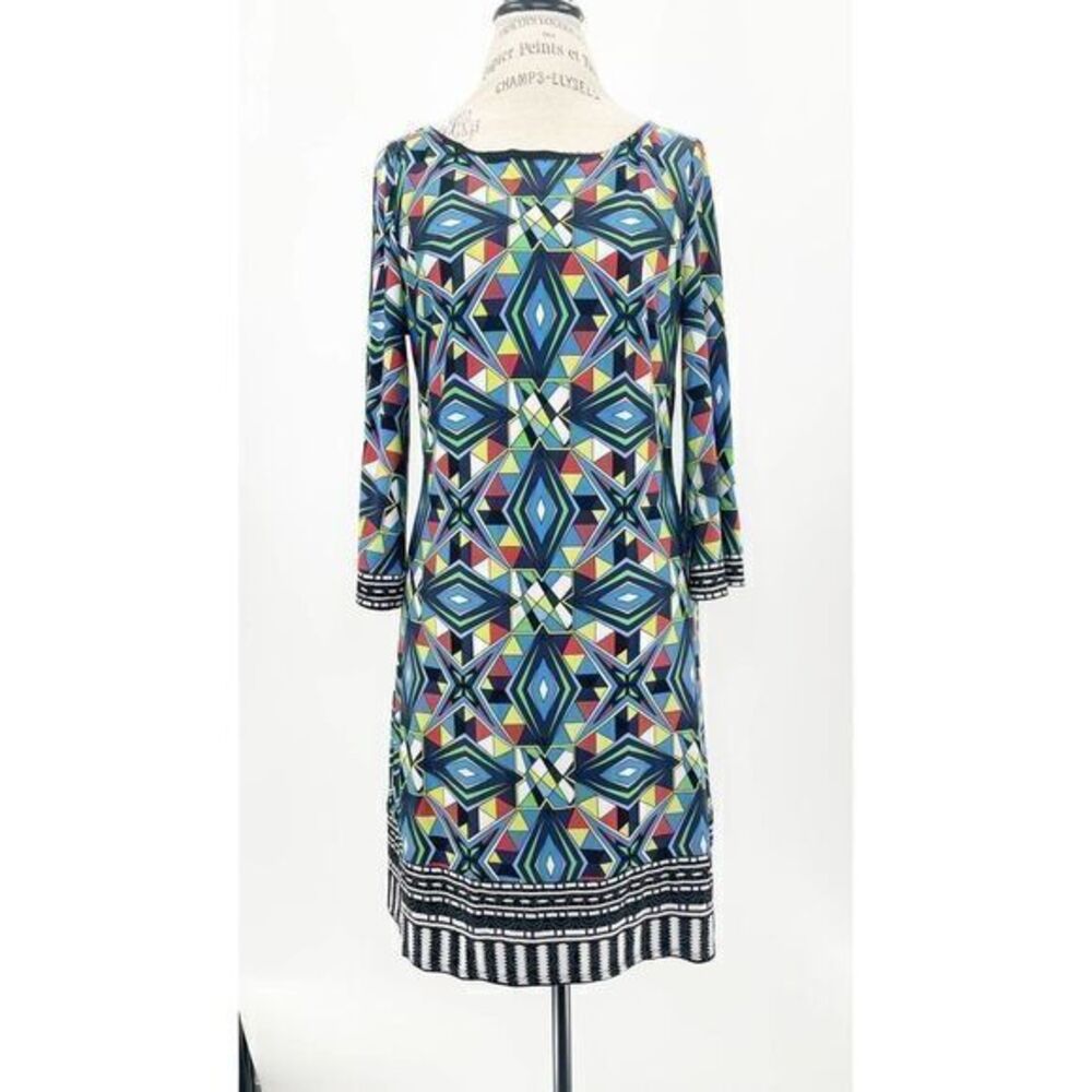 LAUNDRY BY SHELLI SEGAL Blue Multicolor Geometric Lined Shift Dress SMALL